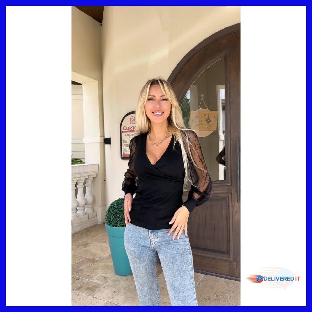 Deep V Neck Cross Wrap Mesh Long Sleeve Blouse Slim Fit - Picture 8 of 8